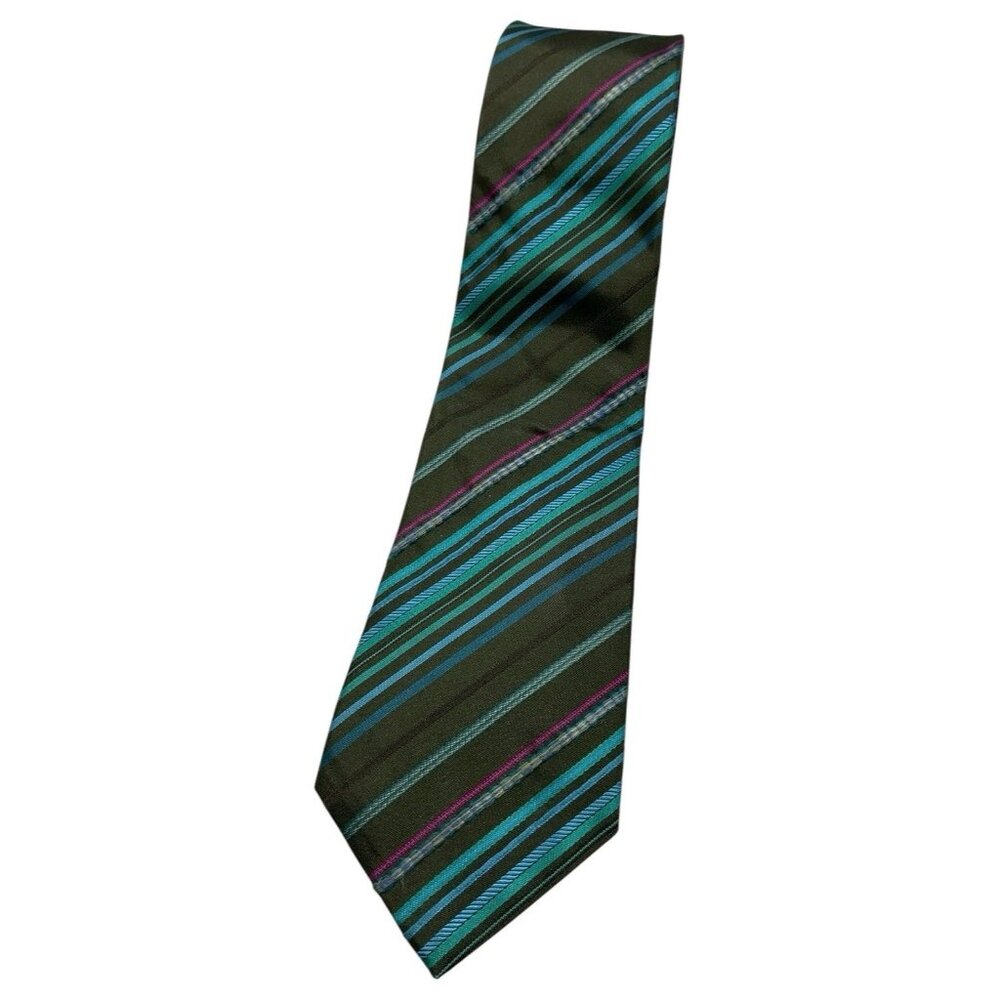 KENZO Men's 100%  Silk Necktie LUXURY Tie Green Blue Striped W:3.6" EUC